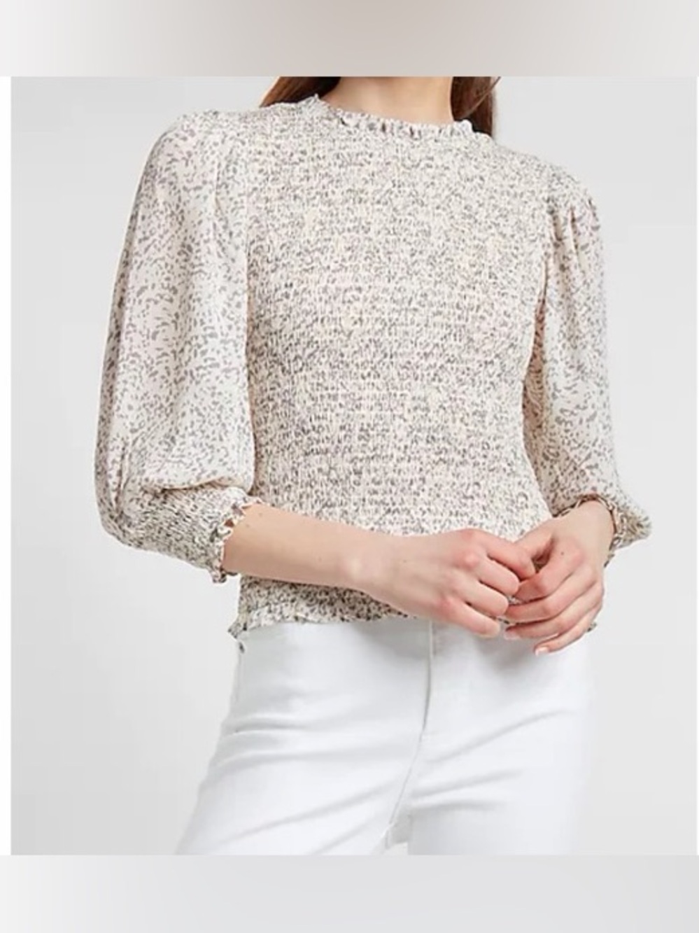 Express Cream & grey Speckled smocked long Sleeve Blouse polka dot